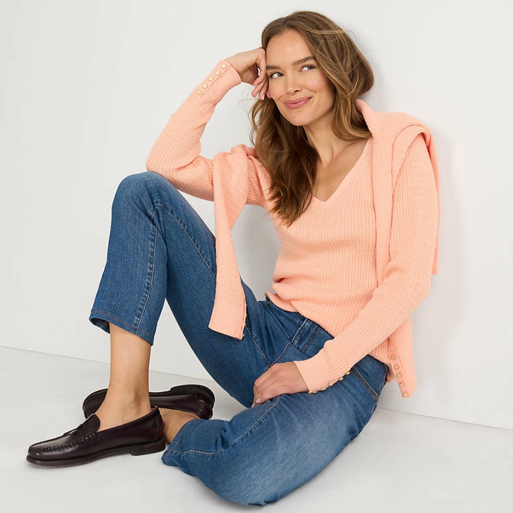 Land's End Baby Soft Peach Cable Knit V-Neck Sweater, Size